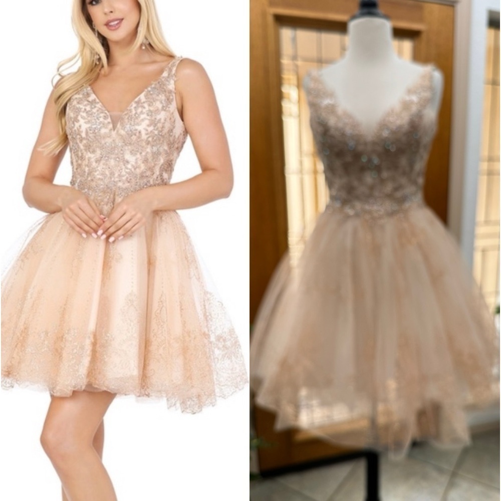Dancing Queen Formal Sleeveless Mini Metallic Champagne Gold Dress Women's XS‎